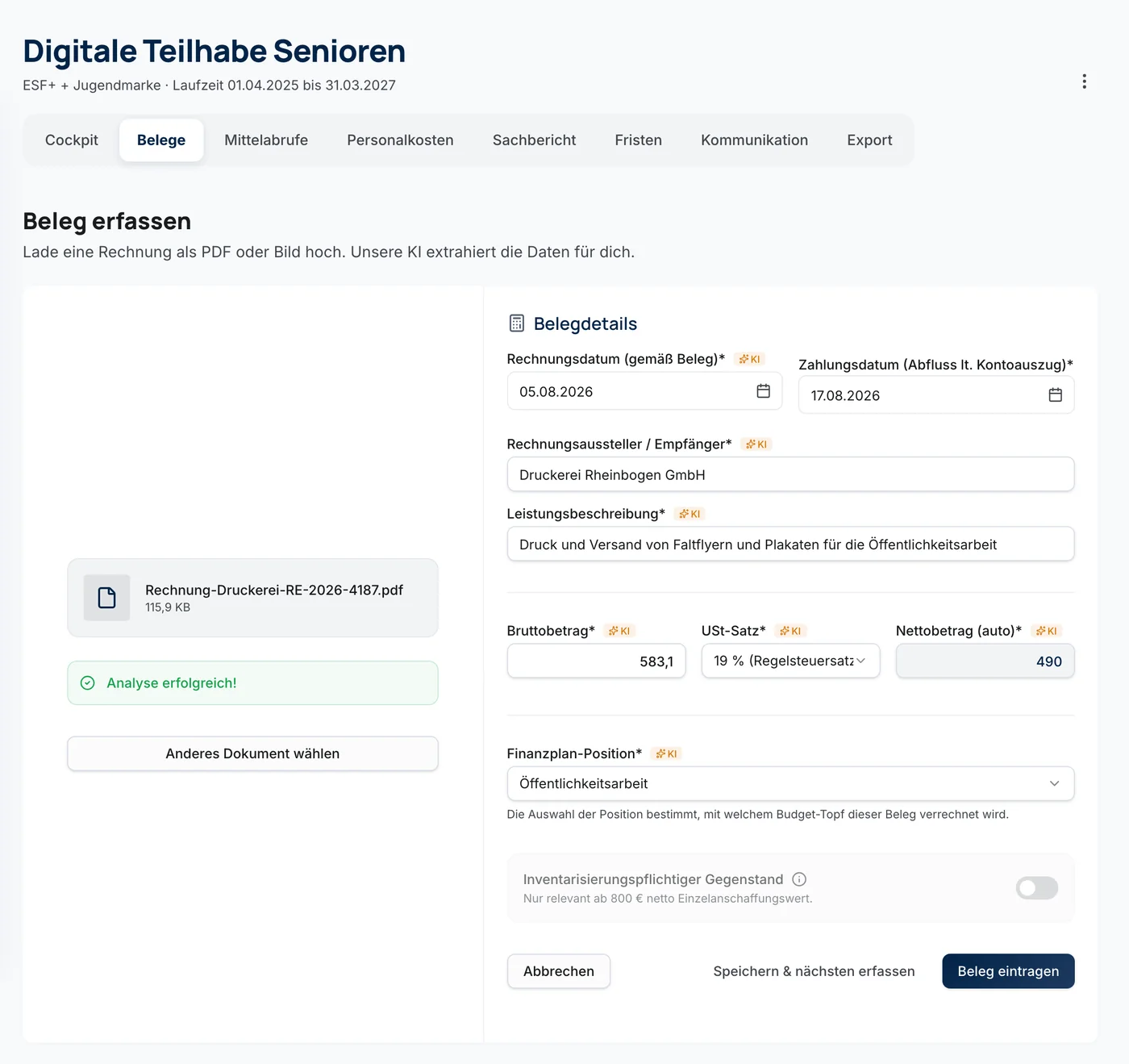 Beleg erfassen, die KI hat Betrag, Datum, Aussteller und MwSt. vorausgefüllt